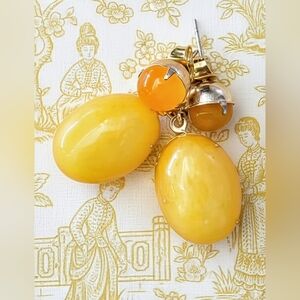 Bright Yellow Natural Jade In Two Stone Setting Gold Plated Drop Earrings
